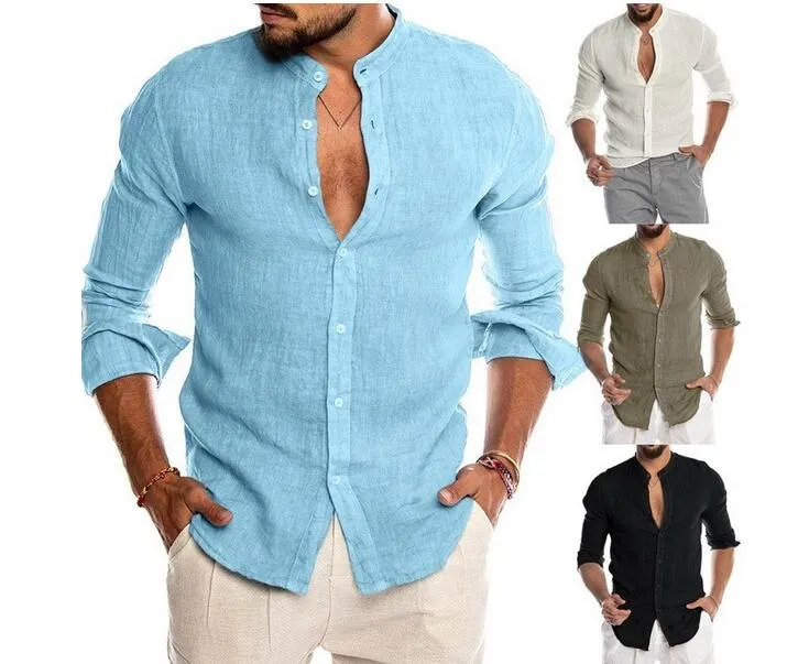 New Arrival Men`s Shirts Polos V-neck Long Sleeve Linen Party Casual Shirts Breathable Gift Size M-3XL