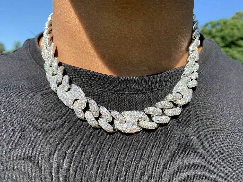 20mm Iced Cuban Oval Link Diamond Chain Necklace 14K White Gold Plated Cubic Zirconia Jewelry 16inch-24inch Mariner Cuban Chain