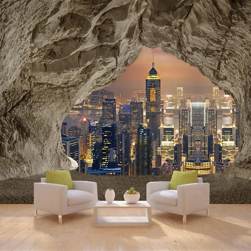 Carta da parati fotografica 3D personalizzata Città Vista notturna Grotta di montagna Camera da letto retrò Sala studio Soggiorno Carta da parati murale Papel De Parede 3D