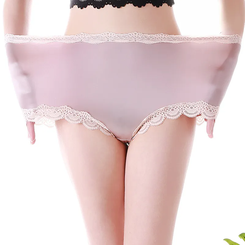 High Waist Large Size Panties Sexy Seamless Satin Silk Briefs Underwear Lace Trim Soft Stretchy Lingerie Women Panties Pink 5xl218t