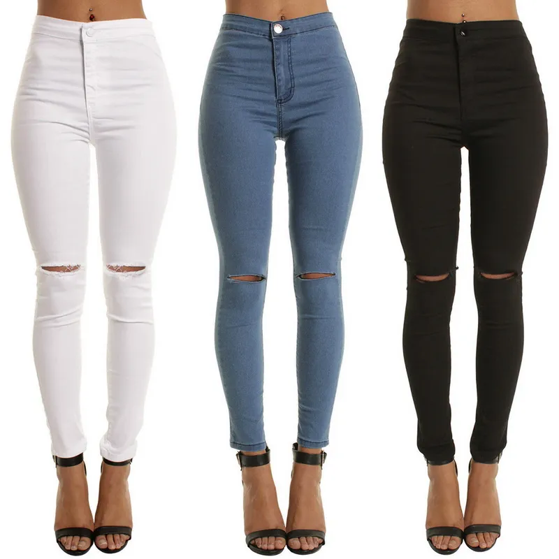 High Waist Casual Skinny Jeans For Women Hole Girls Slim Knee Ripped Denim Pencil Pants Elasticity Black Blue Trousers