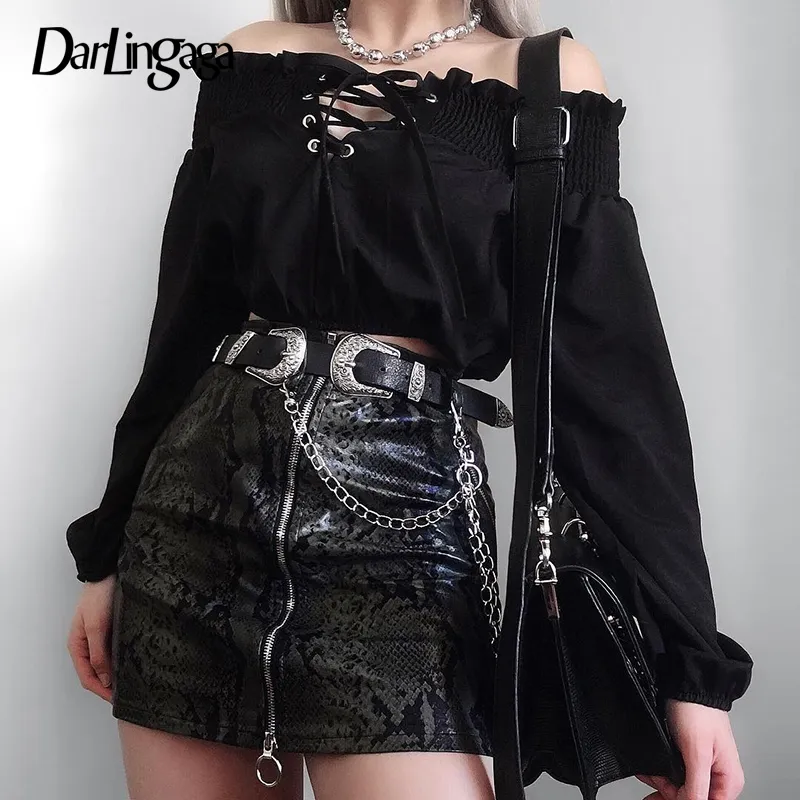 Blusas de mujer Camisas Darlingaga Gótica Off Hombro Blusa negra Mujeres Ruffles Lace Up Camisa de manga larga Moda Chic Chic Tops y Cl