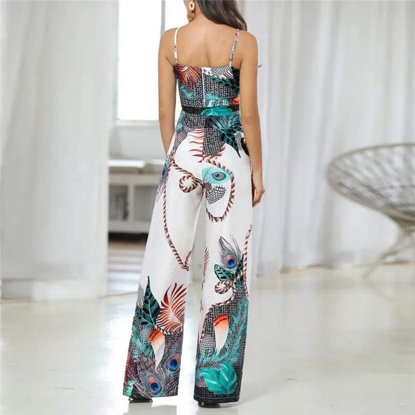 2019 New Summer Women SexyLoose Jumpsuits O-Neck Feather Printed Sleeveless Bandage Loose Long Jumpsuits #E29 (4)