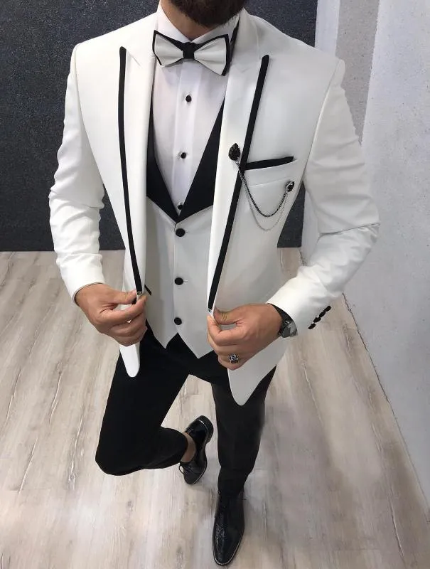 Herenpakken Blazers Mannen 3 Stuks Slim Fit Casual Business GroomsMen Grijs Groen Ivory Revers Tuxedos voor Formele Bruiloft (Blazer + Broek + Vest)