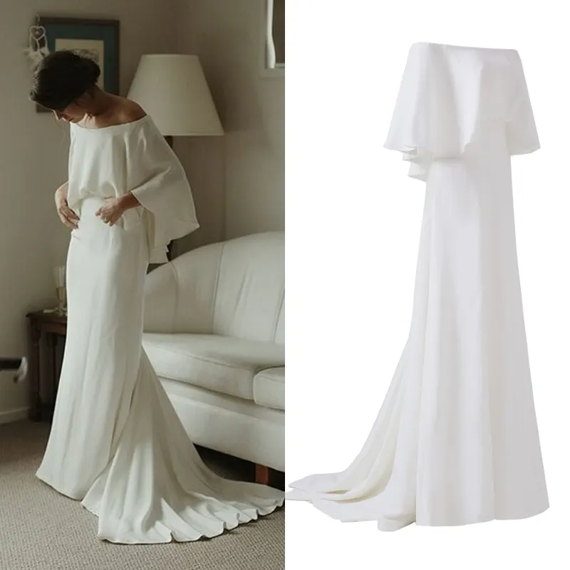 Estate Boho Al Largo della Spalla Pianura Morbido Raso Semplice Abito Da Sposa 2020 Increspature Lunghi Abiti Da Sposa abiti da noiva