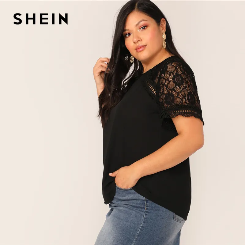 SHEIN Plus Size Black Lace Insert Raglan Sleeve Top Blouse Women