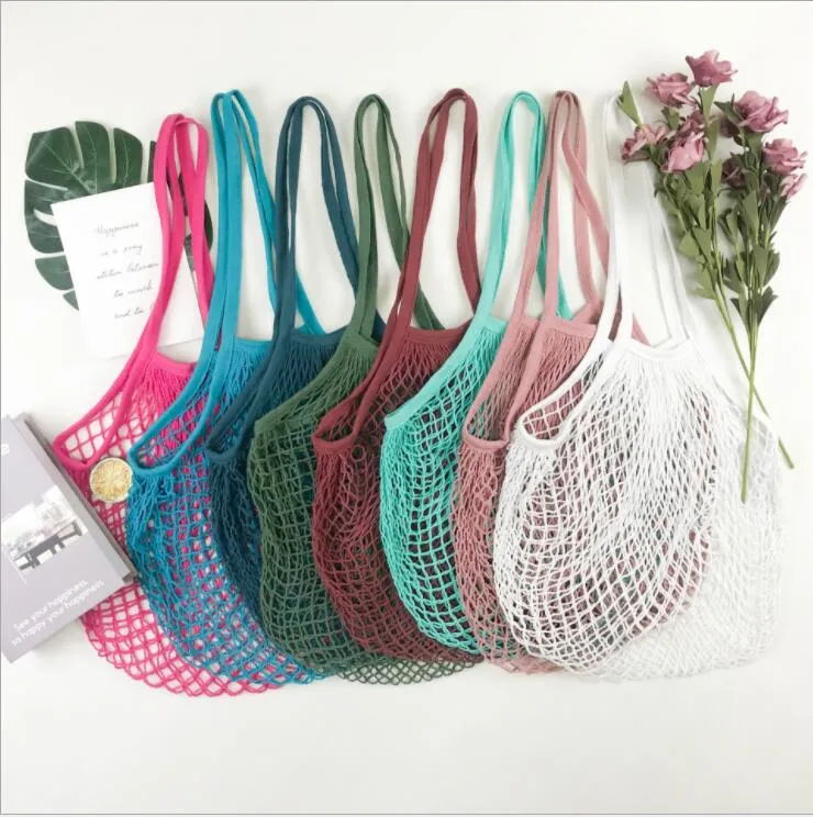 Borse per la spesa Borsa Shopper Tote Mesh Net Woven Cotton Pouch String Riutilizzabile Frutta Verdura Storage Bag Home Pouch Organizer LSK245