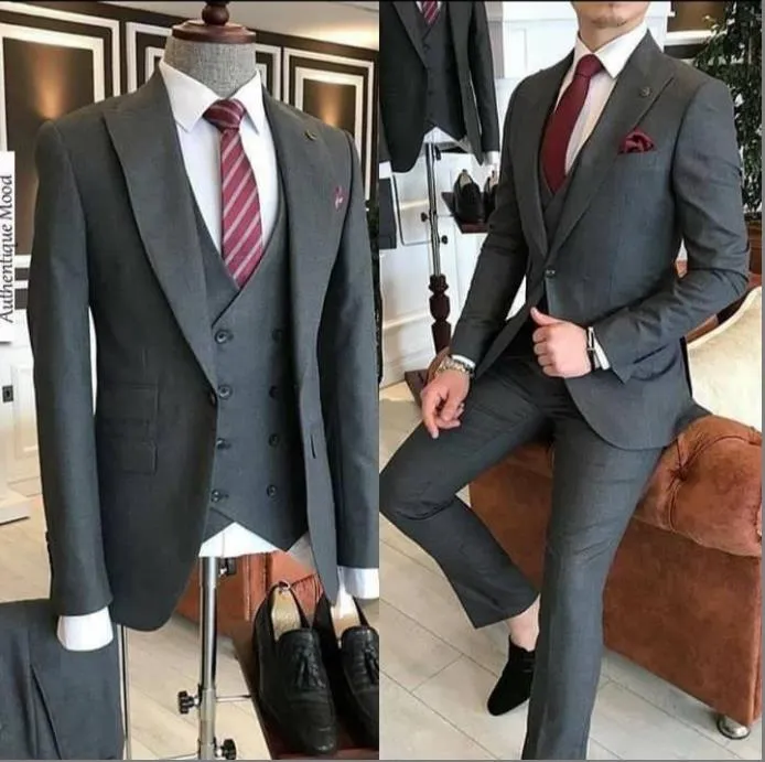 Gray Black Slim Fit 3 Stuks Tuxedos Bruidegom Bruiloft Mannen Past Tuxedo Terno Masculino de Pour Hommes Mannen (Jack + Pants + Vest)