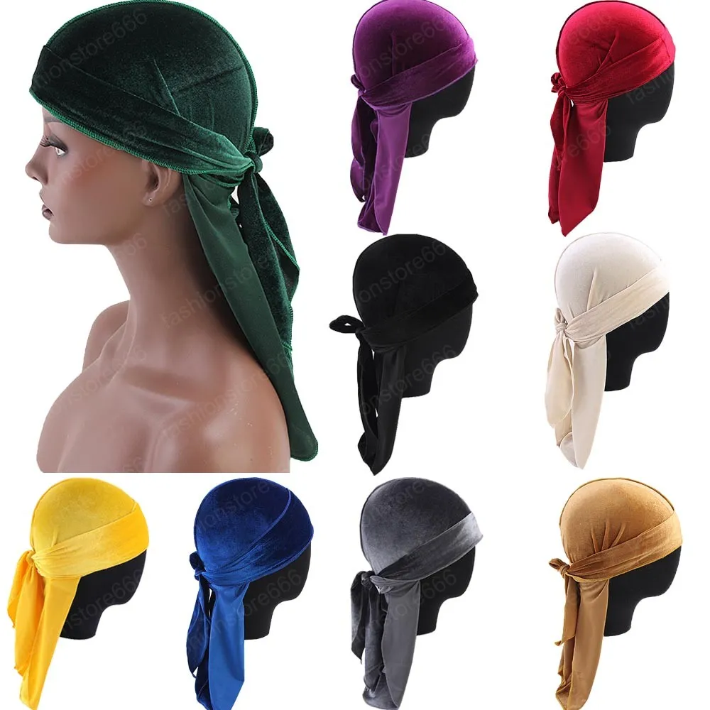 Unisex sammet durag bandana hatt lång svans headwrap kvinnor män doo pirat våg mössa huvudkläder håravfall kemo turban fast färg ny