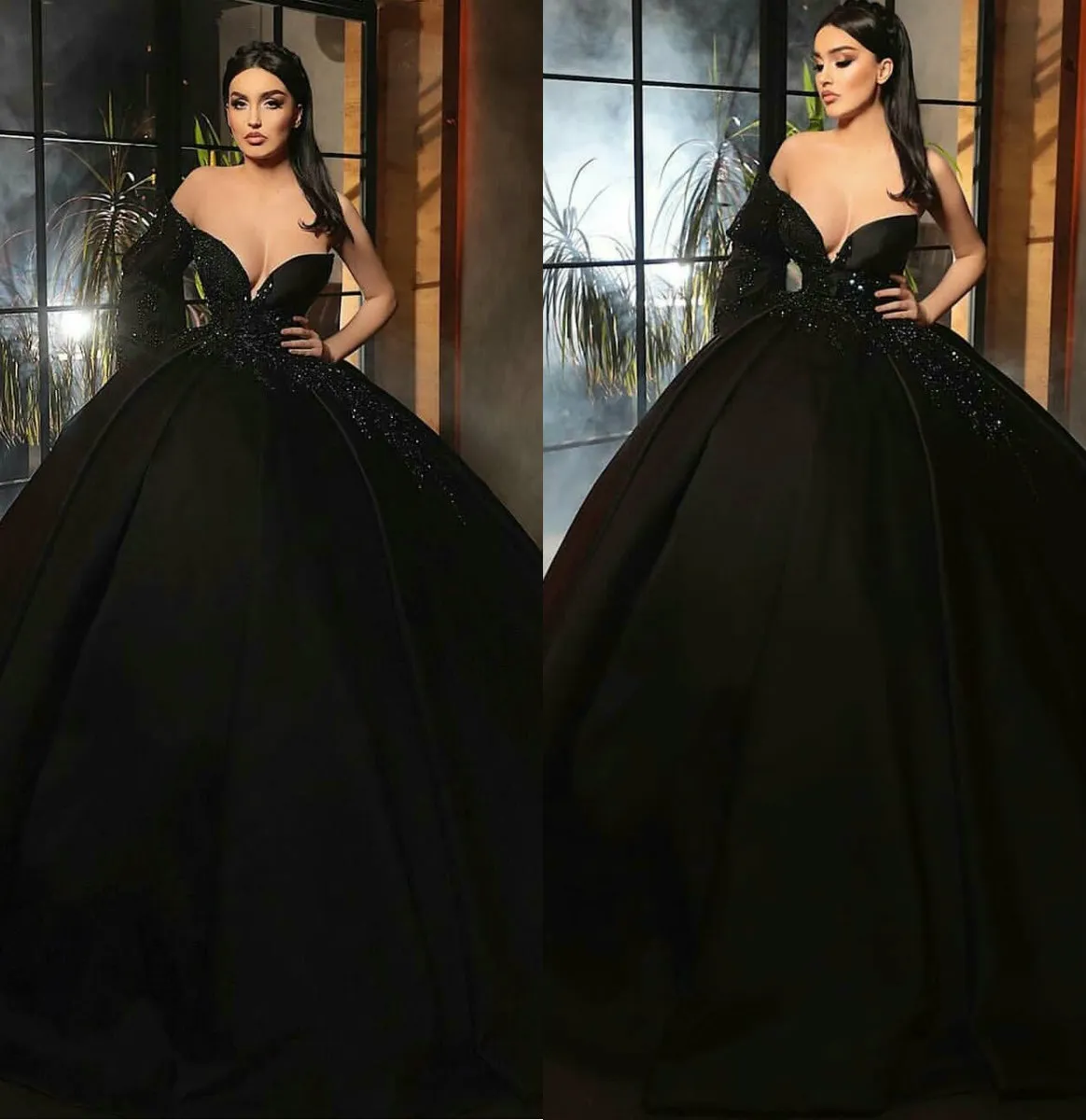 Black Puffy Ball Gown Dresses Off Shoulder Long Sleeve Beading Lace Appliques Prom Dress Illusion Tulle Quinceanera Gowns
