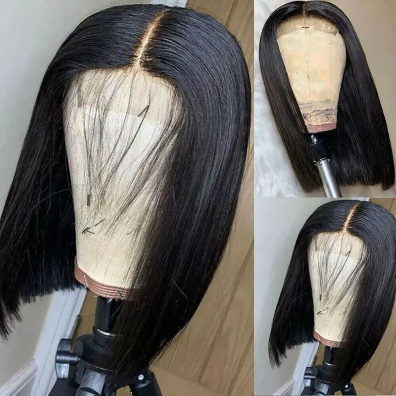 Värmebeständig kort bob stil spets front peruk syntetik för svarta kvinnor hand bundet före plockad naturlig hårfäste 14 tum