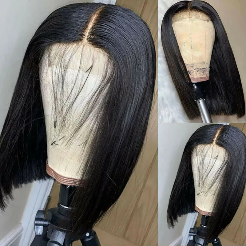 Resistente ao calor curto bob estilo peruca dianteira do laço sintético para preto feminino mão amarrado pré arrancado linha fina natural 14 polegadas