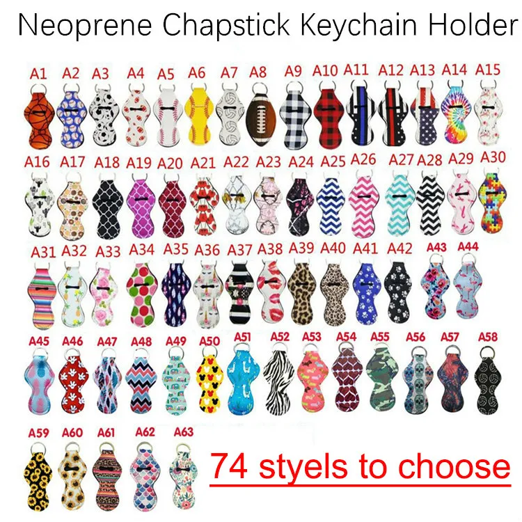 74 Designs Neopren Keychain Sport Printed Party Chapstick Leopard Keychian Wrap Läppstifthållare Läppkåpa Julklapp