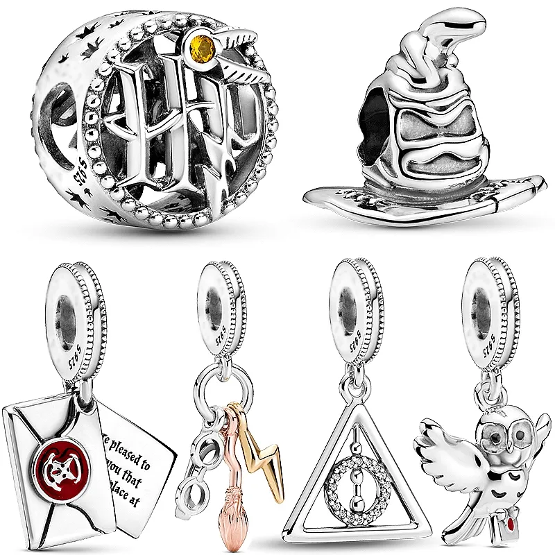 100% 925 Sterling Silver Harry Hedwig Sowa Urok Śmierci Hallows Dangle Koraliki Fit Original Pandora Bransoletka Kobieta Biżuteria Wisiorek