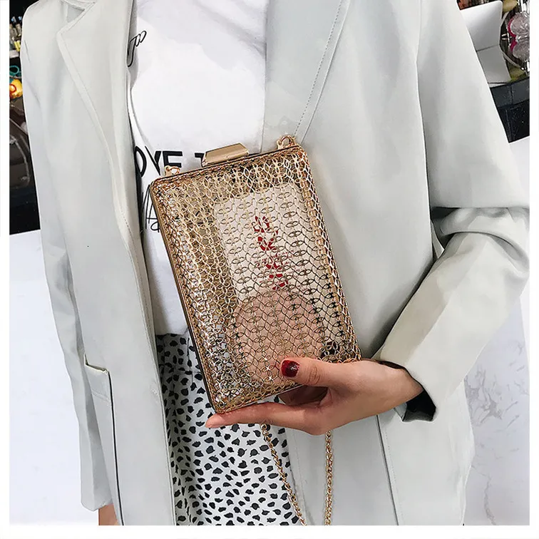 Hollow Metal Women Shoulder Bag Gold Cages Square Clutch Evening Ladies Wedding Party Crossbody Purse Handbag