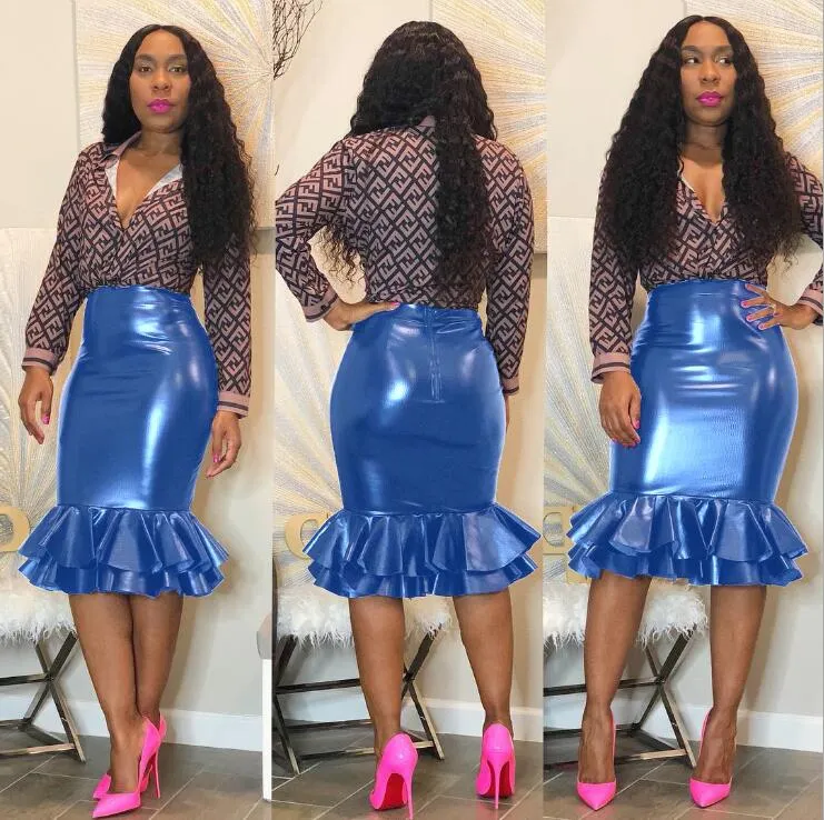 Skirts 2021 Pu Faux Leather Skirt Plus Size Women Short Ruffle