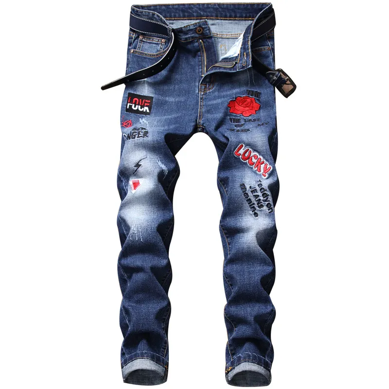 Mens Ripped Jeans Designer Slim Fit Hip Hop jeans Stretch Rose Embroidered Fashion Men Black Blue Denim Trousers