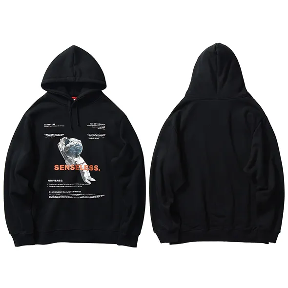 2020 Hip Hop Harajuku Streetwear Hoodie Astronaut Printed Mens Pullover Cotton Fleece Hooded Winter Black Sweatshirt