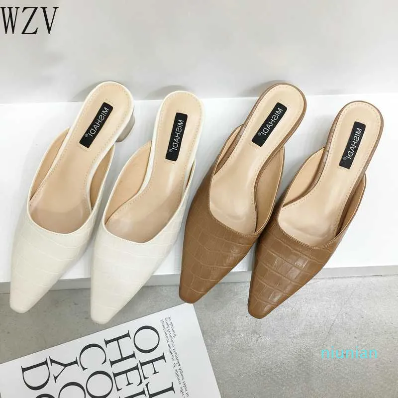 Hot sale-Pointed Toe Suede Square Heel High Heels Muller Slippers Women 2020 Summer Shoes Women Fashion Patchwork Shallow Ladies Shoes