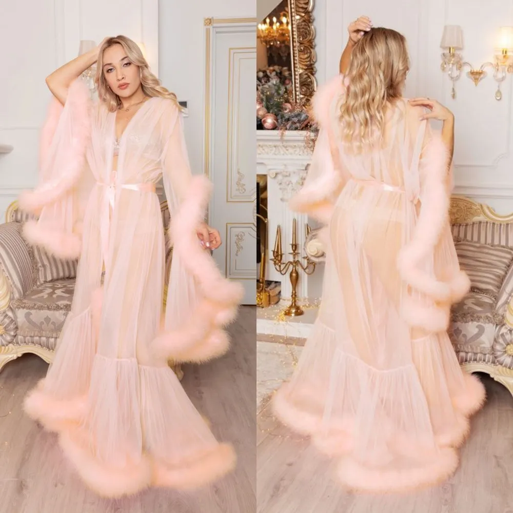 2020 Sexy Pink Faux Fur Womens Winter Bathrobe Sheer Floor Length