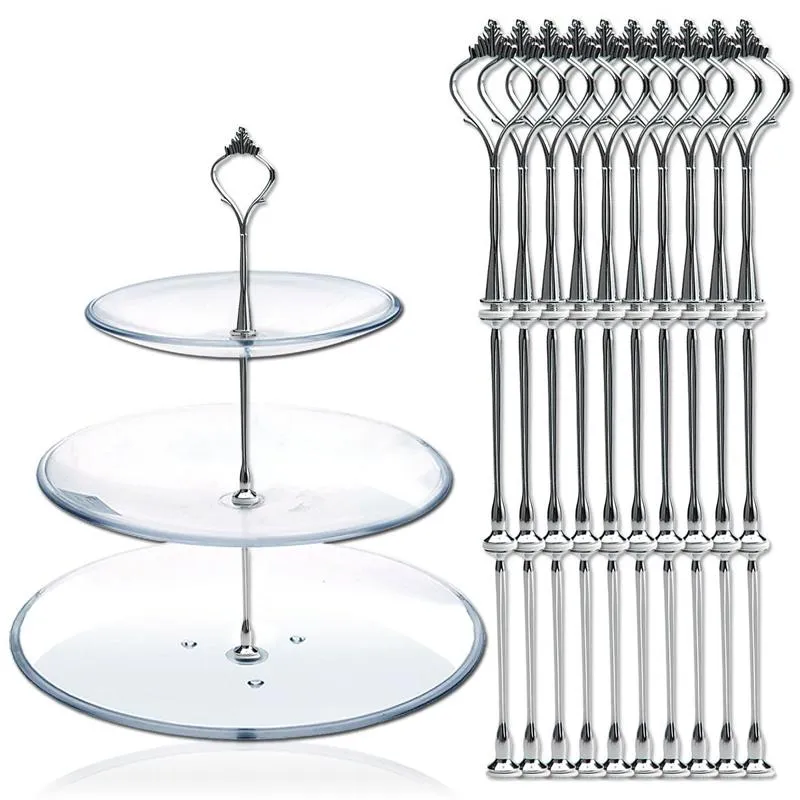 10 Set of 3 Tier Three Layers Cake Plate Stand Holder Crown Metal Rod Fitting Hardware Rod Plate Holder Silver