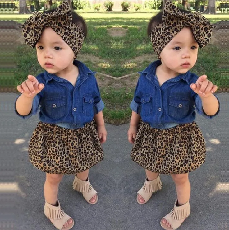 3st Toddler Infantil Baby Girls Klänning Mode Jeansskjorta Leopardkjol Pannband Barn Klädset Outfits M156