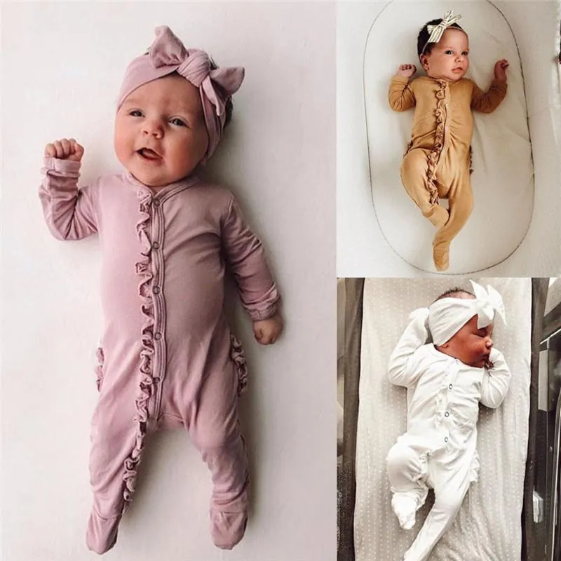 pasgeboren kleding baby baby meisje jongen lange mouw Solido-hals Romper + hoofdband Jumpsuit outfit 2 stks set conjunto infantil menino