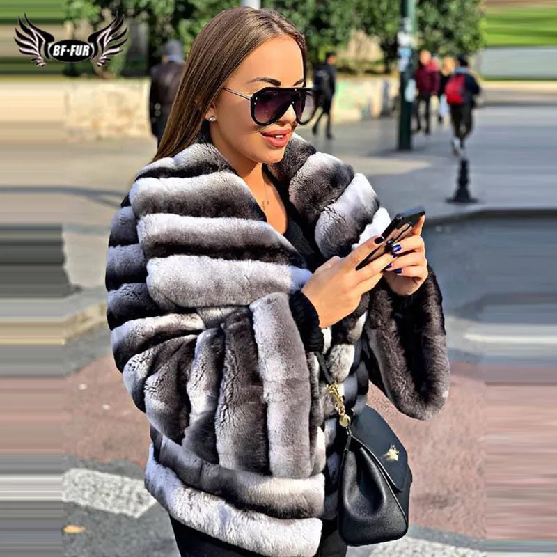 Women's Fur & Faux BFFUR Winter Coats Women Natural Full Pelt Real Chinchilla Color Rex Jacket With Big Lapel Collar Warm Overcoats