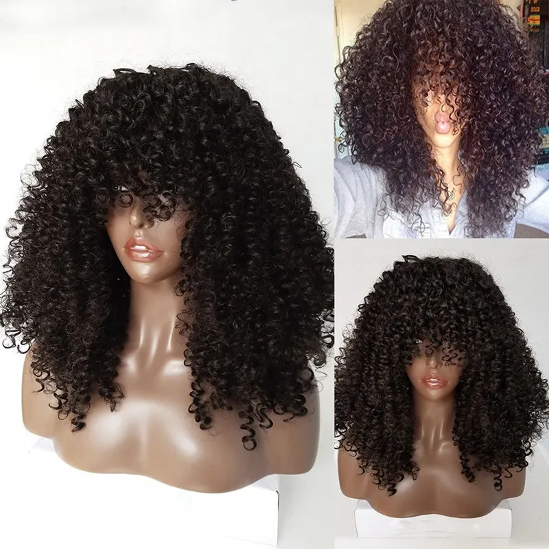 Perruques Lace Front Synthétiques Longues Noires Afro Crépus Bouclés avec Frange Brésilienne Fibre Résistante à la Chaleur Bouclés pour les Femmes de la Mode