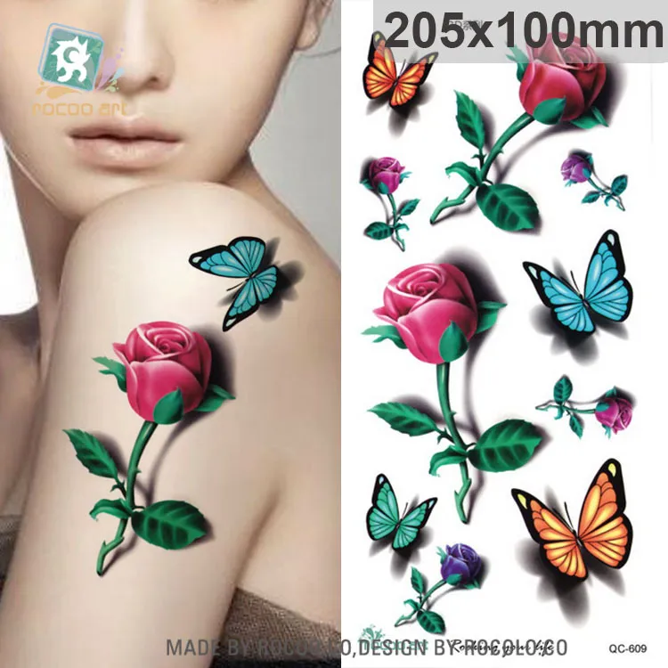 여성을위한 바디 아트 방수 임시 문신 스티커 아름 다운 3D 색 나비 장미 큰 팔 Tatoo 도매 QC2609