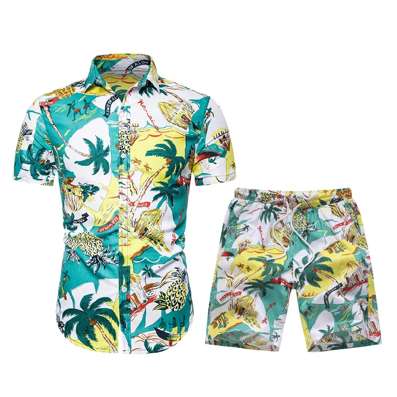 Conjunto de 2 peças de agasalho masculino de verão com estampa floral para viagens de praia roupas havaianas casuais coloridas bermudas camisas estampadas roupas de banho para férias