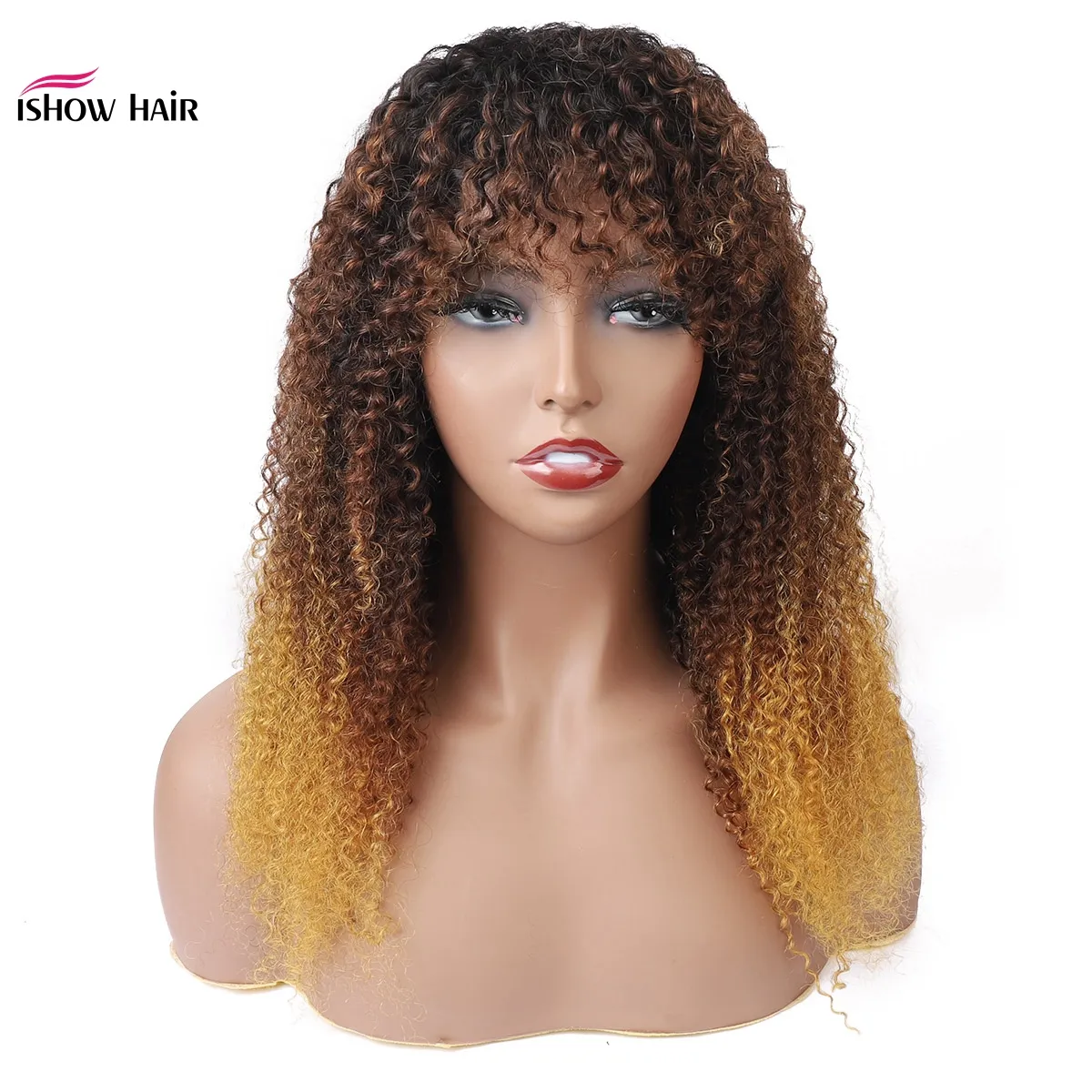 Ishow Brasilianska Kinky Curly Human Hair Wigs With Bangs 1B / 4/27 Ombre Färg Svart Brun Peruvian Ingen Lace Wig Indian Malaysian för kvinnor Alla åldrar 8-28 tum