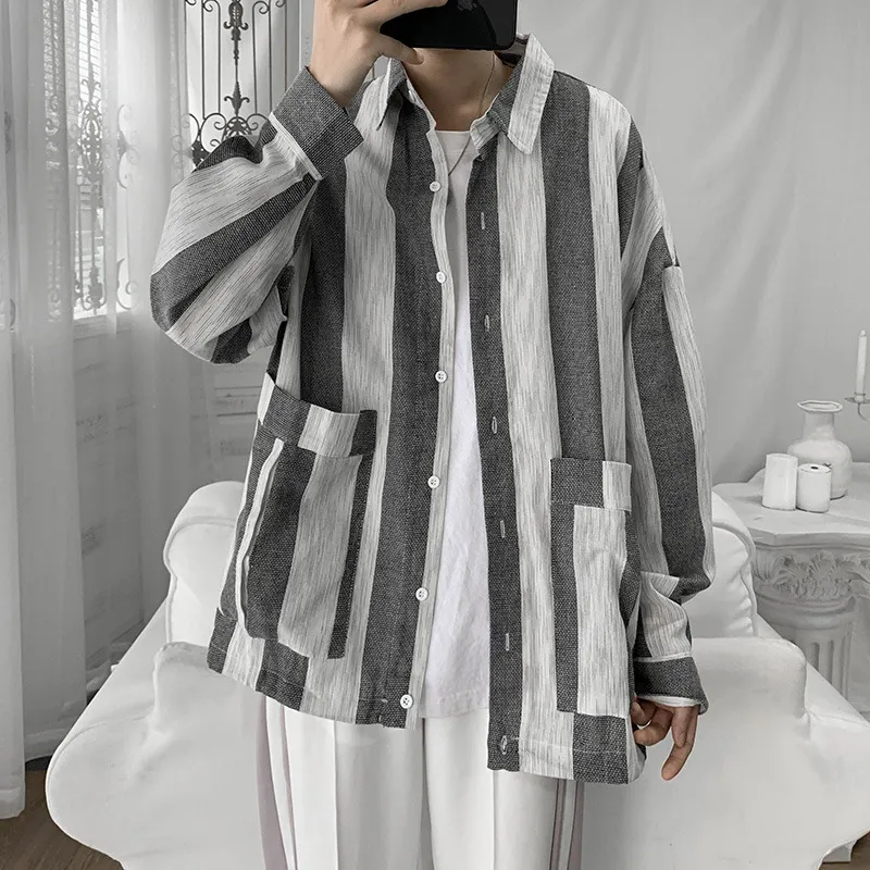 Ebaihui le dernier Art et Art rayé à manches longues chemise tendance Cardigan loisirs Hong Kong Style pardessus lâche étudiant haut XS01