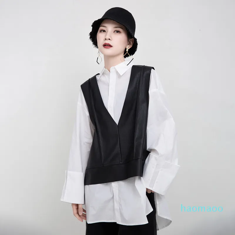 Conjunto coreano de dos piezas de moda-GALCAUR, camisa de manga larga con cuello de solapa para mujer, chaleco de terciopelo PU sin mangas con cuello en V, trajes para mujer, ropa 2020