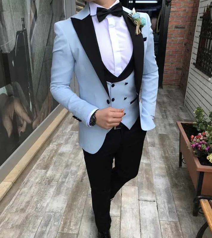 Męskie Garnitury Blazers Sky Blue Men Tuxedo 3 Sztuka Custom Made Terno Slim Fit Groom Wedding Mens Garnitur Masculino Kurtka + Pant + Kamizelka