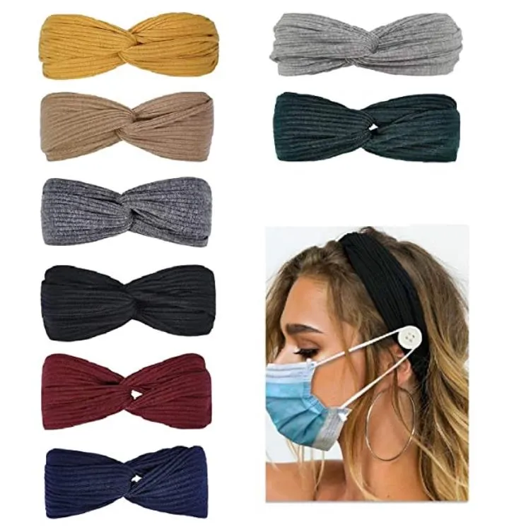 Neue Stirnbänder für Krankenschwestern mit Knöpfen für Maske, rutschfeste, elastische Haarbänder für Frauen, geknoteter, dehnbarer, überkreuzter Turban-Kopfwickel im Boho-Stil