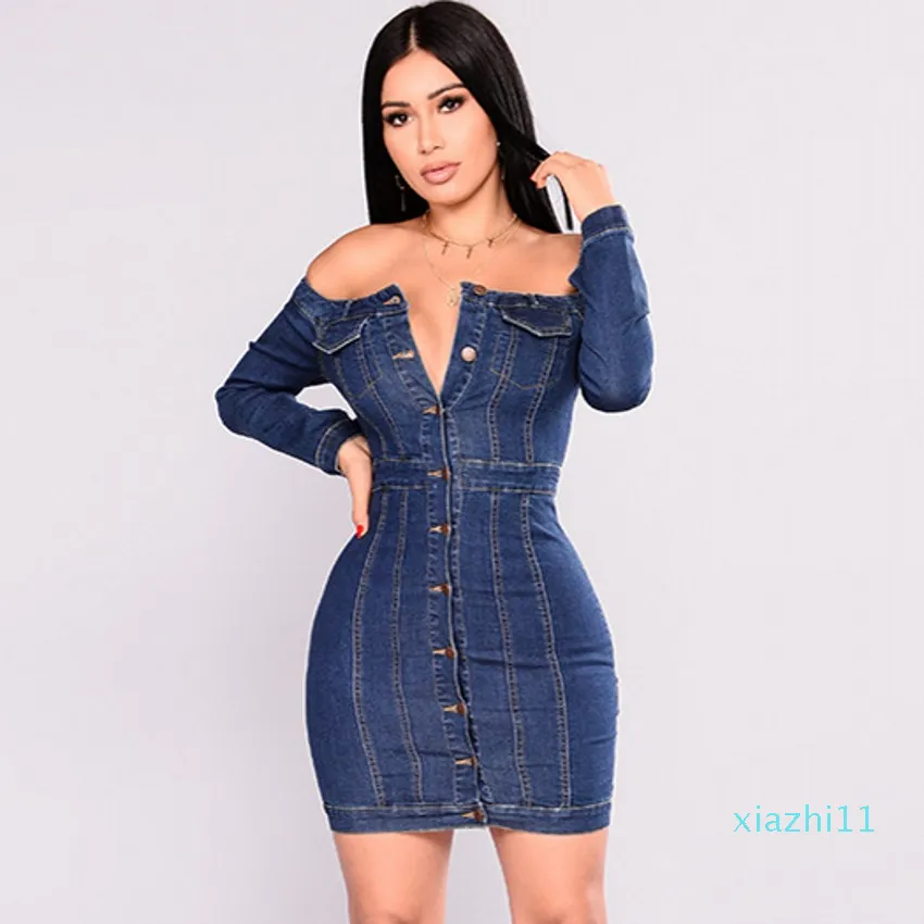 Offre spéciale femmes robe en jean automne femme Sexy sans bretelles simple boutonnage mince Mini hanche robe de soirée dames à manches longues robes en Denim