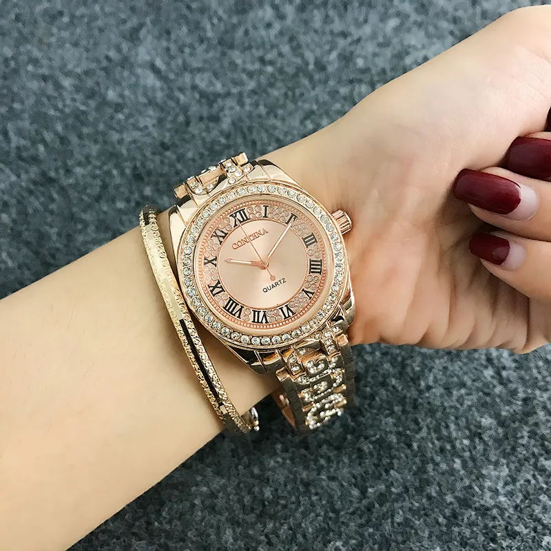 Contena Lüks Bilezik İzle Kadınlar Saatler Rhinestone Moda Gül Altın Kadın Saatler Saat Reloj Mujer Relogio Feminino CX200720