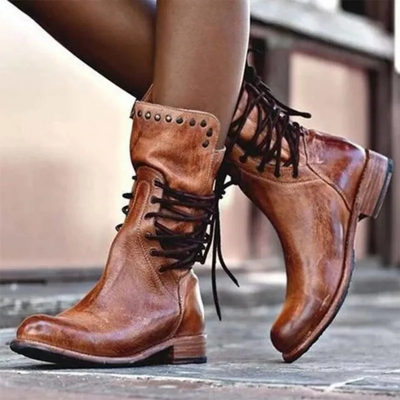 2020 New Winter Boot Women Retro Shoe Leather Boot Vintage Rivet Round Toe Lace-Up Mid-Calf Boots Zapatos Plusサイズ