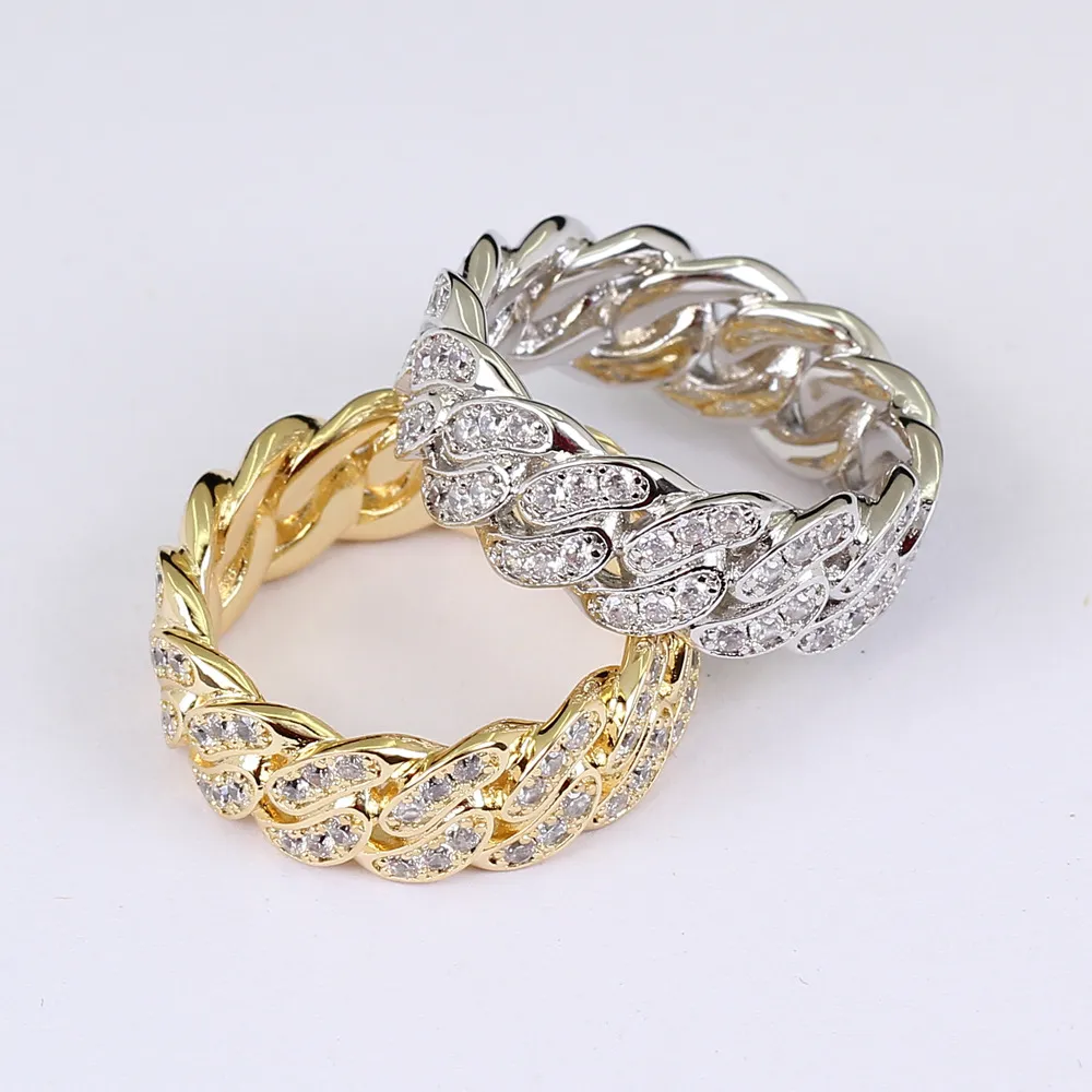 8mm Iced Out Hip Hop Ring Men Women Gold Silver Zircon Ring Rings Cuban Chain Shape Ring 611 Size1809699