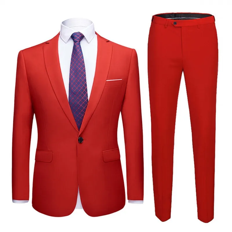 Rode Mannen Pakken Slim Fit Business Uniform Kantoor Pak Bruiloft Bruidegom Party 2-delig Jasje Broek Notch Revers Enkele Knop formeel Casual