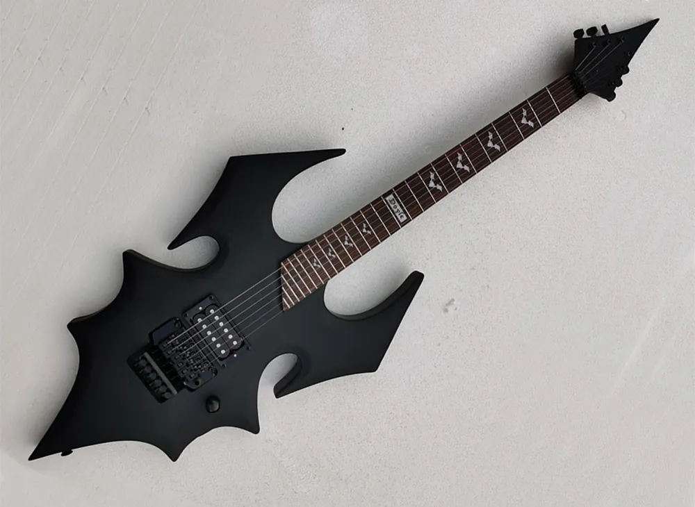 Livraison gratuite guitare électrique de forme inhabituelle noir mat avec floyd rose, touche en palissandre, 27 frettes, peut être personnalisée à la demande