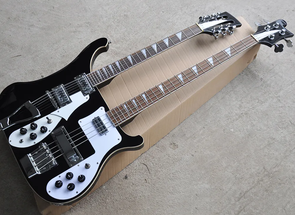 Usine en gros noir 12 + 4 cordes double manche Ricken guitare électrique avec pickguard blanc, touche en palissandre, peut être personnalisé