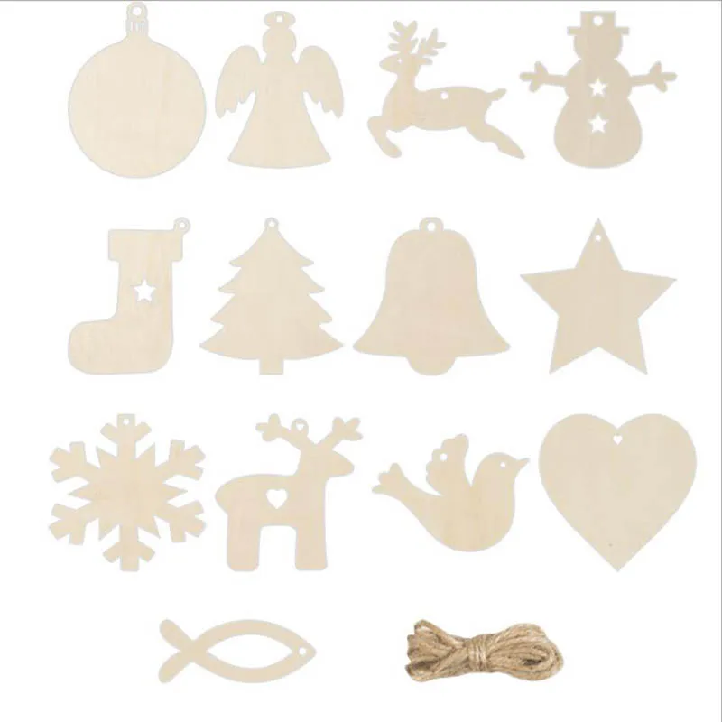 10st / set Christmas Home Decoration Wood Chip Christmas Tree Ornaments Hängande DIY Pendant Xmas Festival Party levererar 13 stil