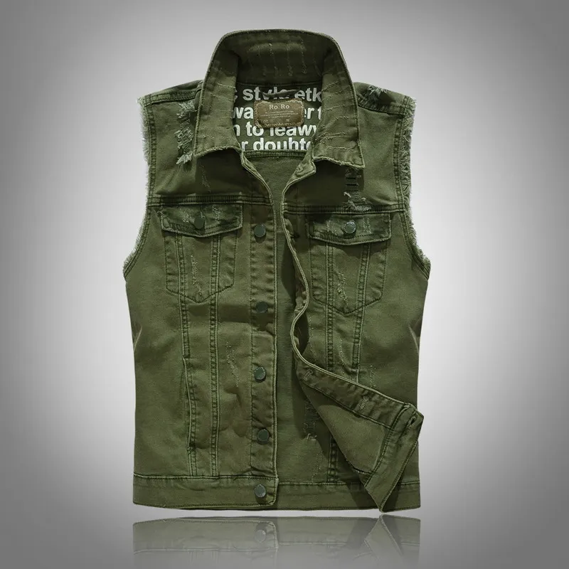 2020 New Gilet Slim Fit Cowboy Giacca maschile Gilet Strappato Gilet di jeans Giacca da uomo senza maniche Gilet casual Mens Jean Coat Verde CX200804