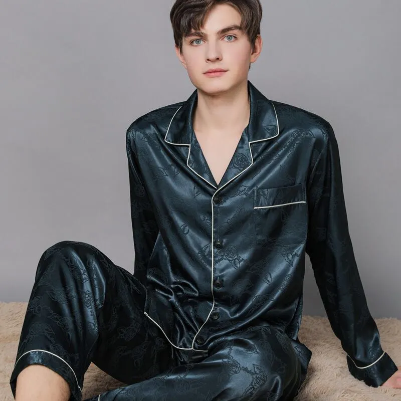 Men s Sleepwear Luxury Button Down Satin Pajama Set Long Silk Pjs Pyjamas Shirt Men Sleeve Suitjamas Sleeping Suit For