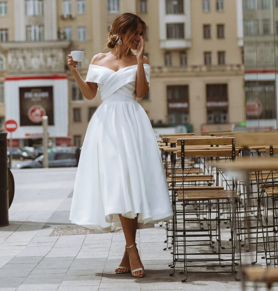 white tea length dresses A-Line Satin Off the Shoulder Wedding Dress or no bra High-Low White Graduation Dress with