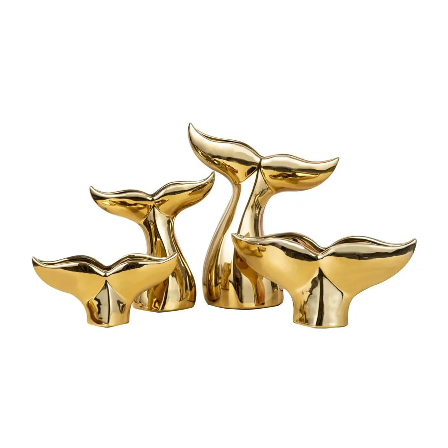 Golden Whale Tail Statue Figurines Modern Ceramic Animal Sculpture Flower Vase Contemporary Coastal Ornament Decoration for Home Office