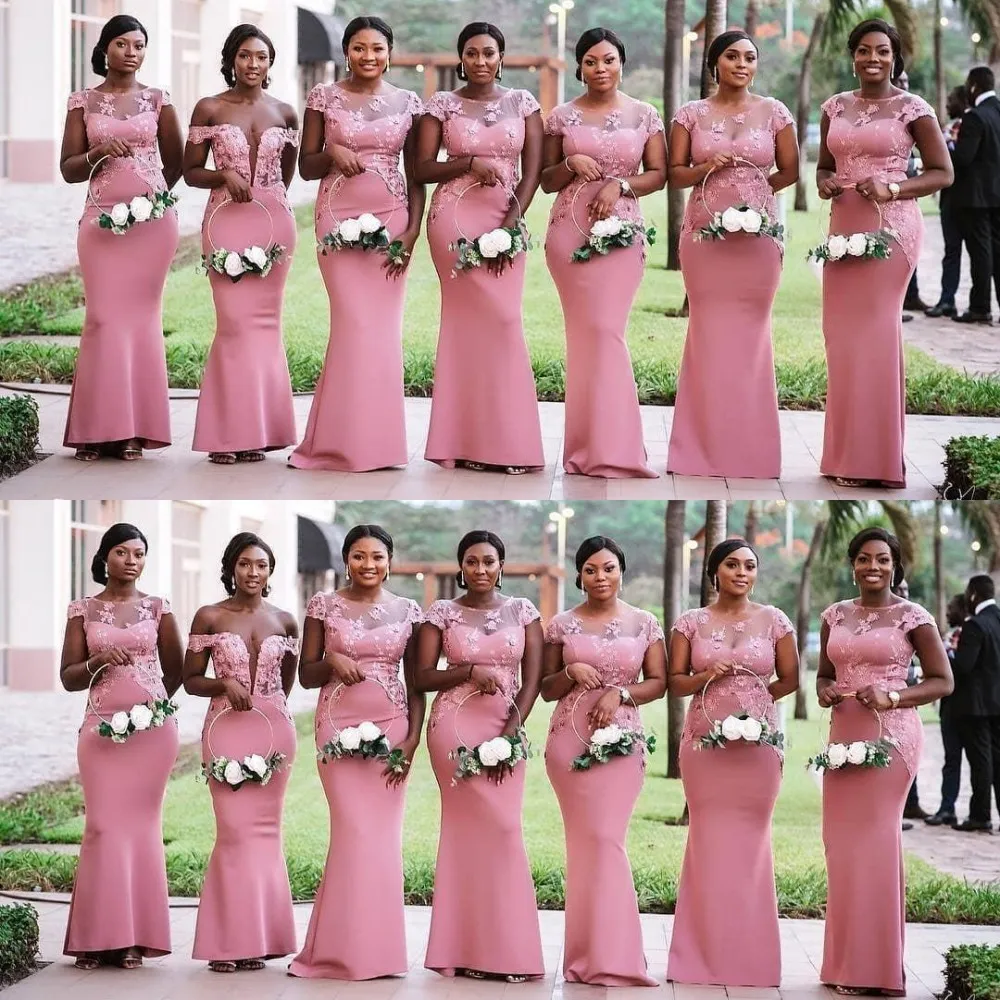 African Pink Billig Brautjungfernkleider Juwel OFT SCHULTER MERMID LACE APPLIKEN Satin Rückenfreies bodenlanger Hochzeit Gast Mädchen der Ehrenkleid