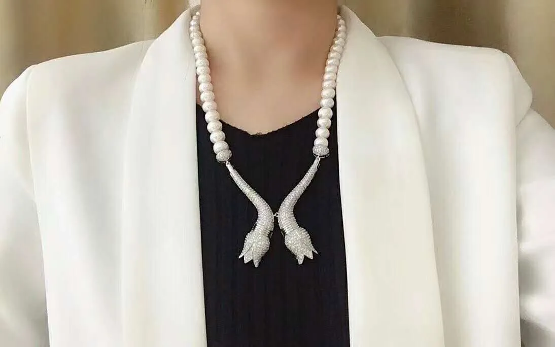 Collier de perles d'eau douce blanches oblates, noué à la main, simple et noble, 10-11mm, 70cm, micro incrustation de zircon, accessoires pour collier, chaîne de pull